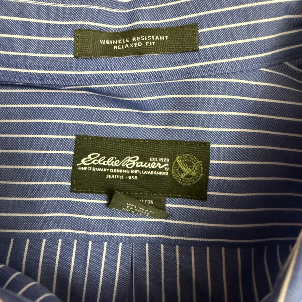 Eddie Bauer Mens XL Tall Blue White Striped Wrinkle Resistant Relaxed Fit Shirt - Picture 3 of 5